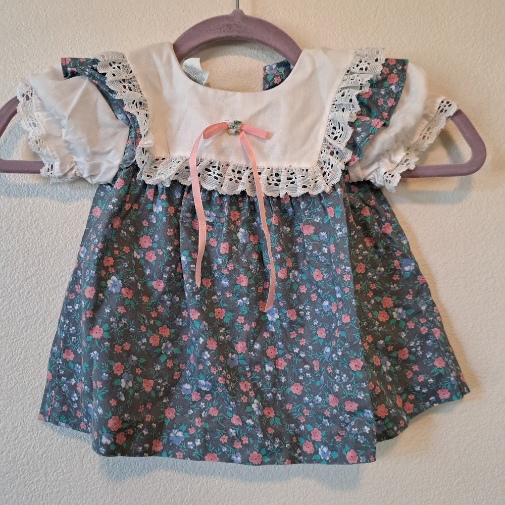 Vintage Sears Infant Girls Floral Lace Bib Dress Gray Pink Blue 12 Months USA‎
